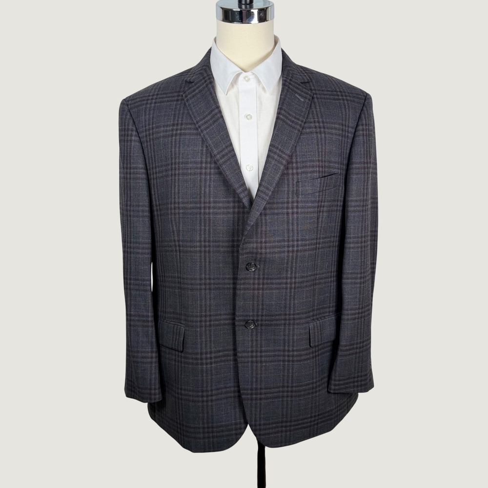 Jos. A. Bank Traveler Tailored Fit Gray Plaid 100% Wool Blazer Sport Coat 48R